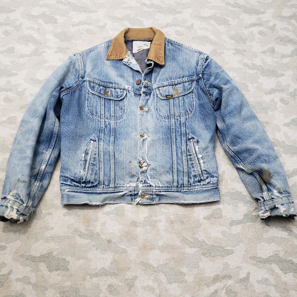 Vtg Lee Storm Rider Jacket Mens 42L Blue Blanket Lined Corduroy Colar Distressed